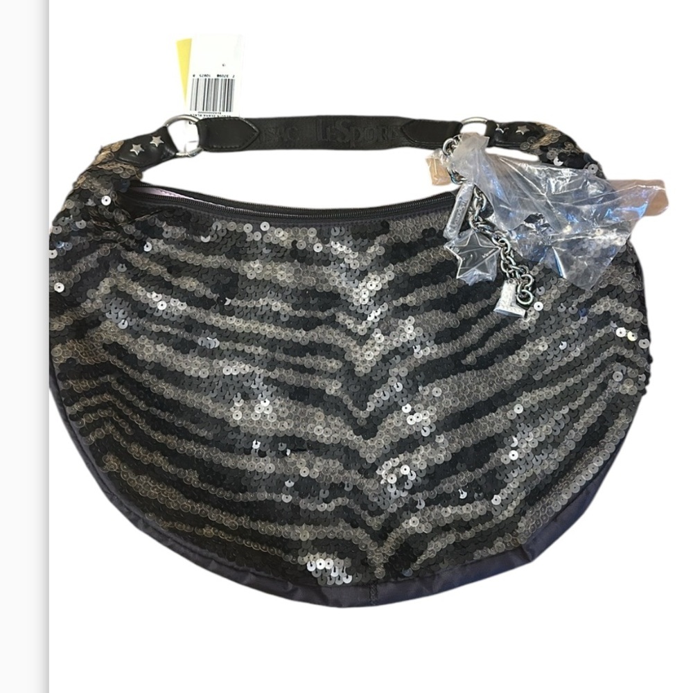 LE SPORTSAC Remix Studio sequin zebra black hand bag